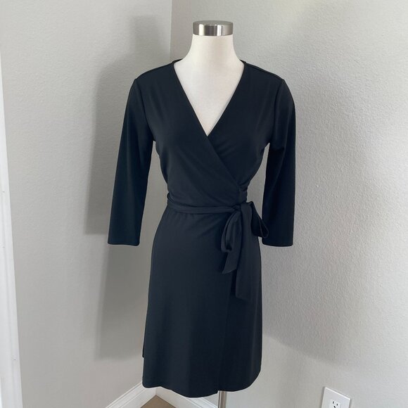 Ann Taylor Womens 4 Black Wrap Dress 3/4 Sleeve Knee Length Stretch - Picture 1 of 8